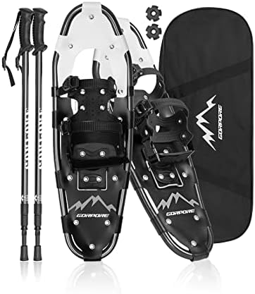GORPORE Snowshoes for Women Men Youth, 21/25/30 Inches Lightweight Aluminum Alloy All Terrain Snowshoes for Hiking, Heel Lift Riser for Mountaineering with Double-Ratchet Binding & Carrying Tote Bag