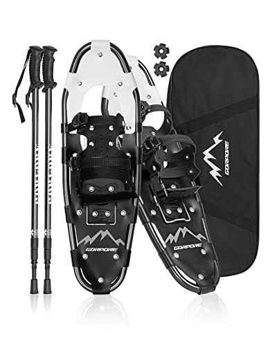 Gorpore Snowshoes For Women Men Youth, 21/25/30 Inches Lightweight Aluminum Alloy All Terrain Snowshoes For Hiking, Heel Lift Riser For Mountaineering With Double-Ratchet Binding & Carrying Tote Bag #TOP1