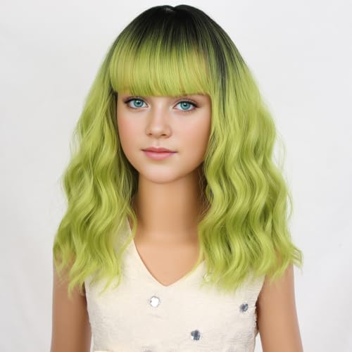 Image of PATTNIUM Girls Ombre Green Wig Short Curly Wavy Wig for Kids Green Bob Wigs with Bangs Curly Wavy Synthetic Wigs