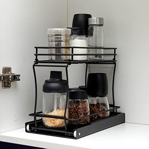 BEJOY Spick Rack 2-tier Sliding Cupboard Organiser under Sink Storage Metal Kitchen Organiser Pull Out Organiser for Kitchen Bathroom, 13x25x21.2cm, Black