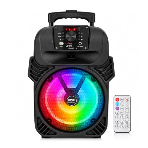 Pyle PA Lautsprecher Bluetooth, Musikbox, Partybox, Karaoke Maschine 400W, 8" Subwoofer, 4 Ohm/55-20kHz, USB/MP3/FM-Radio/ 6,35mm Mikrofoneingänge, Mehrfarbige LED Party Lichter, Akku & Fernbedienung