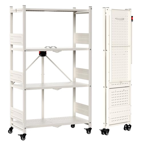 Image of WORKPRO 4-Tier Folding Shelf, No-Assembly Metal Storage Rack with Wheels, 600 lbs Capacity (with Leveling Feet), Collapsible Shelving Unit for Kitchen, Pantry, Closet & Craft Shows - White