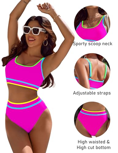 Image of BMJL Women's High Waisted Bikini Sets Sporty Two Piece Swimsuits Color Block Tummy Control Modest Bathing Suit