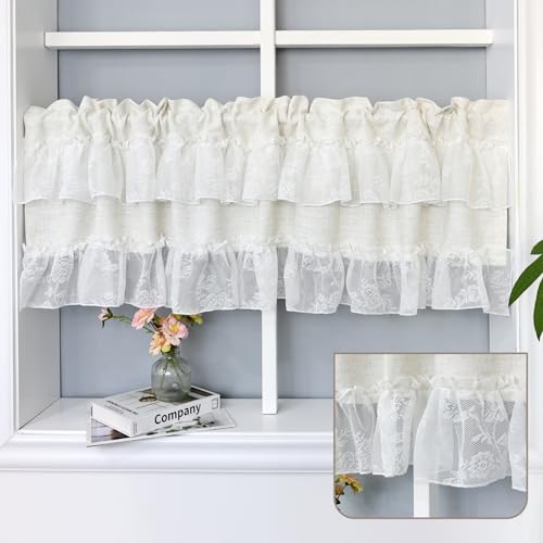 choicehot Visillo de cocina blanco con encaje de ganchillo, cortina corta con punta de hilo, estilo rústico, vintage, algodón y lino, 50 x 150 cm (alto x ancho)