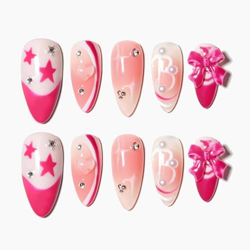 Sun&Beam Nails 手作り ネイルチップ ミディアム ロング アーモンド レッド ピンク ホワイト つけ爪 リボン デザイン おしゃれ 付け爪 10枚入 (#023 M)