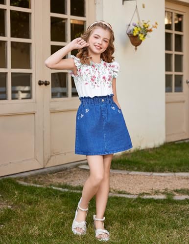 Image of Arshiner Girls Ruffle Short Sleeve Shirts Cute Summer Frill Neck Pleated Textured Blouse Tops
