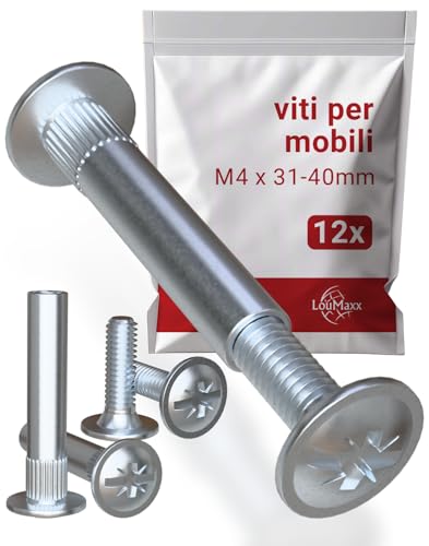 LouMaxx Viti di Collegamento M4 31-40mm | Set di 12 Giunzioni Per Mobili in Acciaio Nichelato | Viti Di Fissaggio Mobili M4| Connettori Per Mobili per mantenere unite tutte le parti del mobile