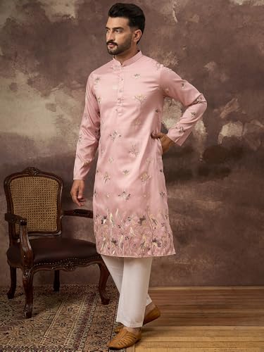 Image of Men's Calf Length Silk Blend Embroidered Solid Kurtas | Men | Kurtas for Mens | Straight Fit Kurta for Men's