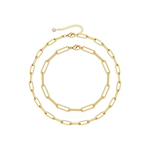 Gold Paperclip Link Chain Necklace Bracelet Set, 14K Gold Plated Choker Oval Link Chain Necklace Bracelet Dainty Paperclip Chain Gold Jewelry Set for Women Girls (14+2 Chain + 7 Bracelet)
