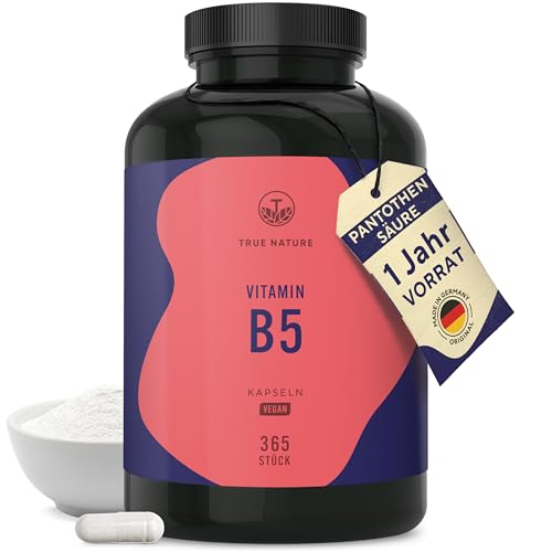 Vitamin B5-365 Kapseln - 500mg Pantothensäure hochdosiert - 1 Jahr Vorrat - Leicht schluckbare Kapseln - Vegan - Deutsche Produktion - TRUE NATURE
