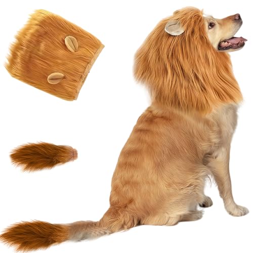 GWAWG Löwenmähne Hund mit Schwanz, Verstellbare Haustier Löwenperücke & Pelziger Schwanz Set, Hundekostüm Halloween Dress Up Fancy Party Outfit