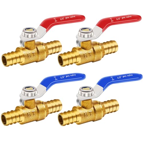 Horiznext pex valves 1/2 inch, brass full port shut off valve kit with barb crimp rings for water pipes garden hose air line (2 red & 2 blue)