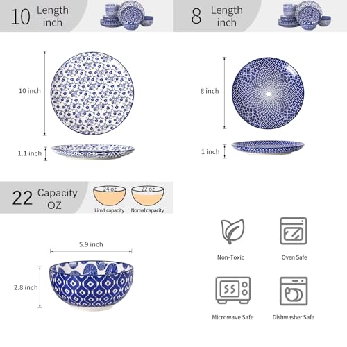 Image of Selamica Ceramic Plates and Bowls Sets,18 Pieces Retro Floral Dinnerware Sets for 6,Dishwasher & Microwave Safe dish set,Family & Holiday Dining, Vintage Blue