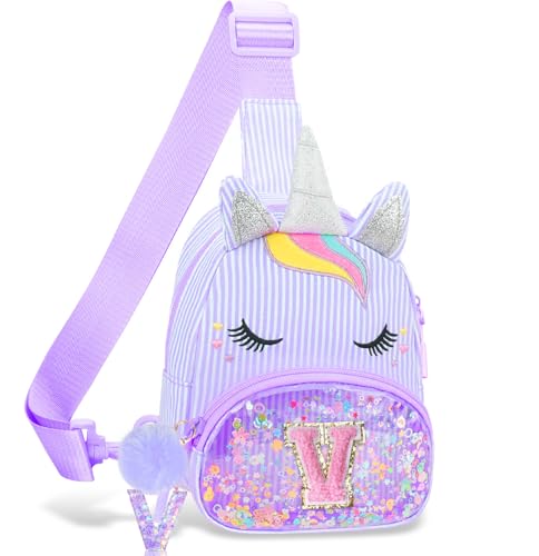 Girls Birthday Gifts for Kids - Clear Initial Sling Bag for Girl Fanny Pack Belt Bag for Unicorn Crossbody Bags Purse for Kids Daughter Sister Little Girl Gifts Purple V