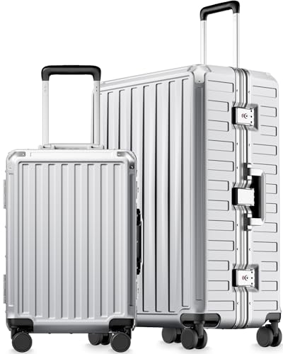 Image of Luggage Sets with Spinner Wheels, 8010S Aluminum Frame Zipperless Polycarbonate Hard Shell Suitcase Sets (ZX-Core, Silver, 2 Piece (20 /28))