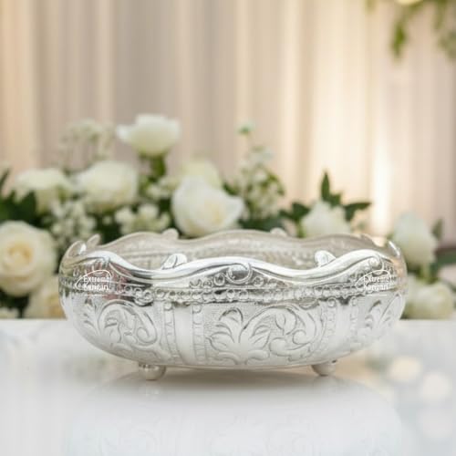 Image of Decorative Embossed 12inch German Silver Urli Bowl | Aluminium Urli Pot for Floating Flowers and Tea Light Candles Home Office Diwali Decoration Items | 1.5 L Capacity