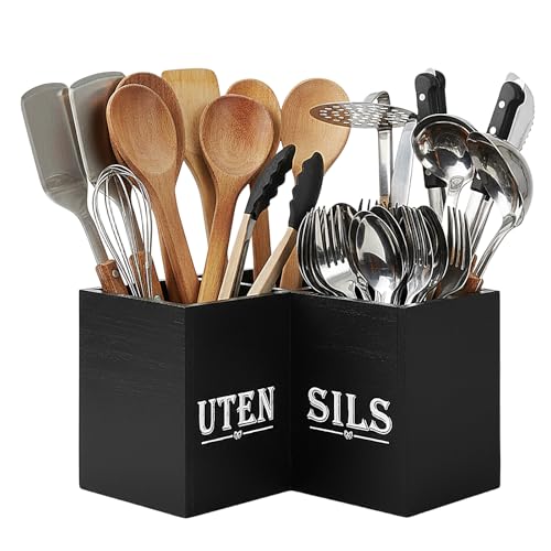 Porte Ustensiles Cuisine Extra Large, 24x24x16cm, Pot a Rangement Ustensile Organiseur Cuisine en Bois avec 3 Compartiments, pour 30 à 40 Ustensiles,...
