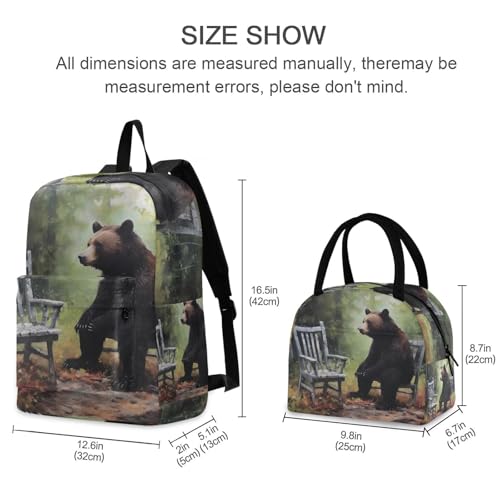 Backpack Lunch Box Set Large Capacity Travel Backpacks and Insulated Lunch Bag for Commute Hiking Picnic Bear Sitting Print2