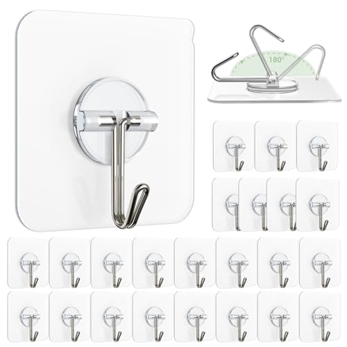 Lomrsiul Adhesive Wall Hooks, 13 lb Clear Window Hooks Sticky Hooks 24 Pack