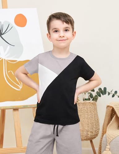 Image of Ayzozuy Boy Clothes Colorblock Top + Drawstring Waist Shorts 2 Pieces Kid Summer Outfits Set