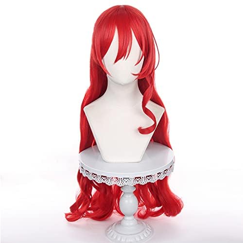 Image of Anime Red Wig with Bangs and Bun Women Long Wave Wig Pre-styled Half Up Half Down wigs Adult COS Game Cosplay Wigs Halloween,Christmas,Comic con,Game Show,Party