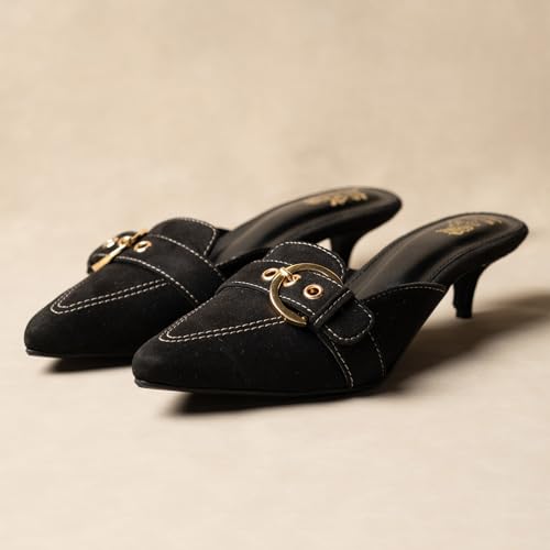 Image of Theater Women Pointed-Toe Mule Heels | Slip-On Kitten Heels with Gold Buckle | Elegant & Comfortable Sandals for Work, Office & Smart Casual Wear