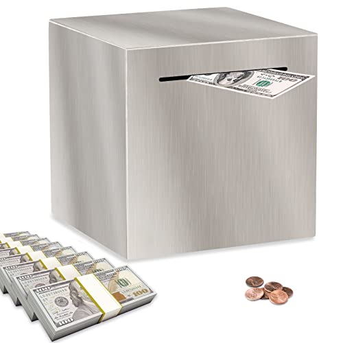 PHOGARY Salvadanaio per adulti, salvadanaio non apribile in acciaio inox, scatola di risparmio per monete (12 cm, argento)