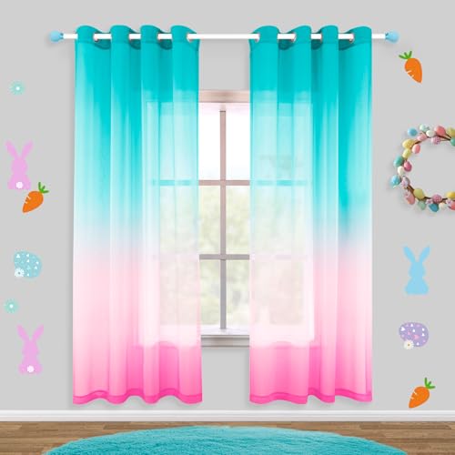 KOUFALL Grommet Teen Curtains for Bedroom Decorations Aqua and Pink