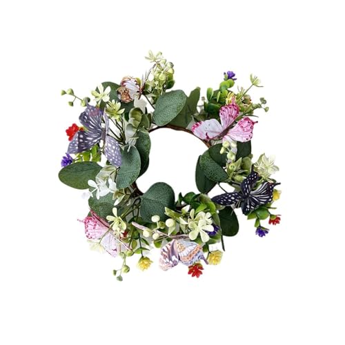2Pcs Candle Rings Wreaths 3 inch Center, Artificial Butterfly White Berry Multicoloured Flower with Faux Eucalyptus Leaves Wreaths Rings Pillar Candle Holder for Wedding Door Tabletop Decor