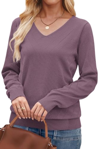Image of WIHOLL Sweaters for Women V Neck Casual Knit Long Sleeve Tops Lightweight Pullover Clothes Fall Fashion Outfits 2026