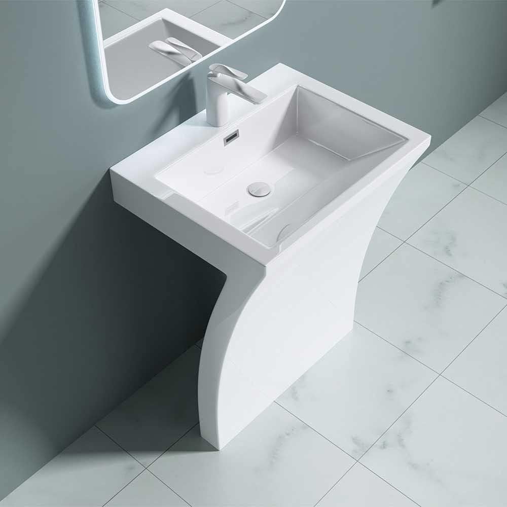 Durovin Bathrooms Luxurious Cast Stone Pedestal Basin - 7 Shaped Freestanding Sink with Overflow Slot & Single Tap Hole - Includes Push Pop Up Round Waste Plug PU04