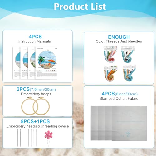 Image of 4 Set Ocean Embroidery Kit for Beginners Adults Embroidery Starter Kit Ocean Beach Pattern Spring Summer Hand Crewel Embroidery Kit Cross Stitch Kit Include Instruction 2 Hoops Color Threads Needles