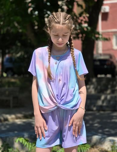 Image of Arshiner Girls Summer 2 Piece Outfits Tie Dye Short Sets Casual Twist Front Short Sleeve Tops and Pant with Pockets