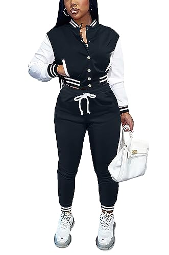 AIIYYQB Womens Two Piece Tracksuit Button Down Cropped Varsity Jacket