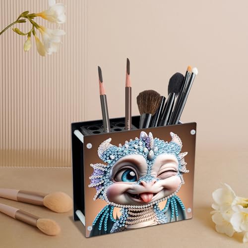 Image of DIY 5D Diamond Painting Holder, Fantasy Dragon Acrylic Pen & Makeup Organizer, Diamond Art Desk Pencil Cup and Storage for Adults, Home Office Art Supplies