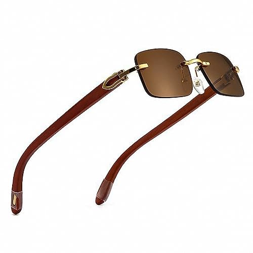 Street Knitted Retro Rimless Brown Tint Gold Frame Hip Hop Buffs Sunglasses Rectangle Men Women Frameless 90’s Shades Woodgrain Arm Fashion Frameless Square Unisex Summer Sun Glasses