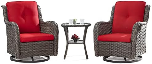 Joyside Outdoor Swivel Rocker Patio Chairs Set of 2 and Matching Side Table - 3 Piece Wicker Patio Bistro Set with Premium Fabric Cushions, Red
