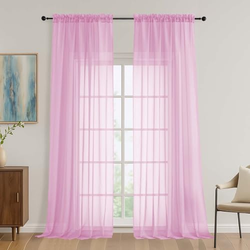 Image of OVZME Light Pink Bedroom Curtains 96 Length for Farmhouse, 59 Inch Extra Wide Light Filtering Voile Drapes Light Airy Window Decor for Patio Door Living Room Bedroom Dining, 59Wx96L Inches