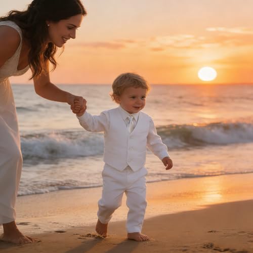 Image of Baby Boy Formal Suit for Toddler Infant Tuxedo Dress Suits | Little Gentleman, Wedding Ring Bearer Outfit, Vest Pants Long-Sleeve Shirt Tie, Birthday Party Christmas Prom, Classic