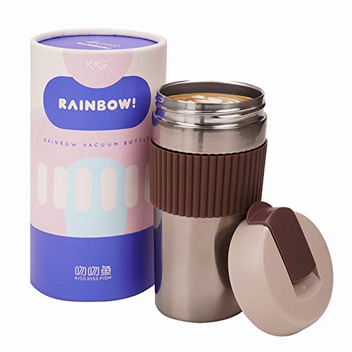 KKF Insulated Stainless Steel Coffee Travel Tumbler With Lid Double Wall Vacuum Travel Mug Wide Mouth Cute Leak Proof Water Bottle Brown16oz