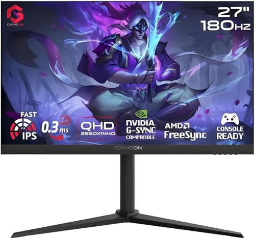 GAMEON GOM27QHD180IPS Midnight Pro X 27" Black Gaming Monitor, 2560x1440p 2K QHD Fast IPS, 180Hz Refresh Rate, Ultra-Fast Response, HDMI 2.1,FreeSync/G-Sync, Crosshair Assistant, HDR, PS5, VRR Support