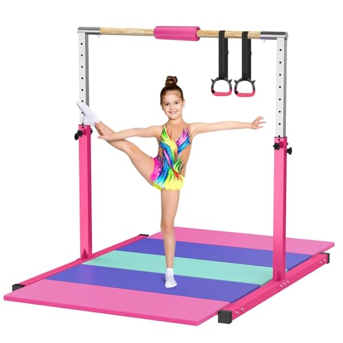Tepemccu Gymnastics Bar, 3.1' to 5.1' Height Adjustable Horizontal Bar, Gymnastics Kip Training Bar for Kids Ages 3-15 (Pink with Mat)