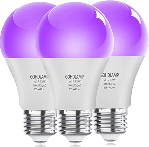 Image of A19 LED Black Light Bulb 12W 395-400nm UVA - 3-Pack for Halloween Decor, Glow Parties, Fluorescent Art & Dark Room Effects, E26 Base uv Light Bulb