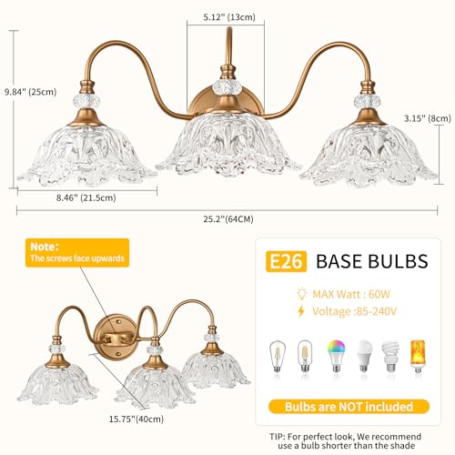 Image of Vintage Bathroom Vanity Light, 3-Light Matte Deep Brass Finish Vanity Light with Flower-Shaped Clear Glass Shades, Retro Wall Sconce for Bathroom