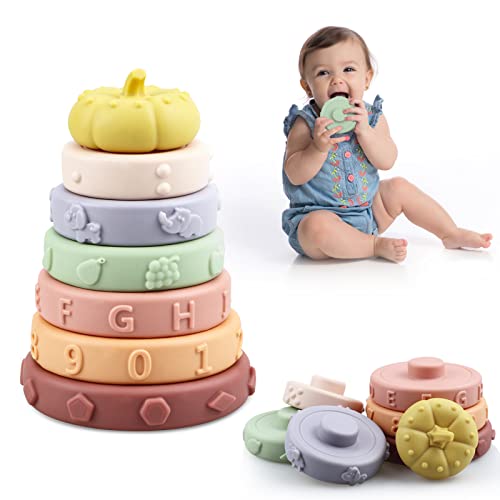 Image of ATKSUNIEE Silicone Stacking Rings Toys,7PCS Infant Stacking Circle Toys for Toddlers 1-3,Baby and Toddler Stacking Toys,Pumpkin Shape Stacking Montessori Cognition Rings Toy