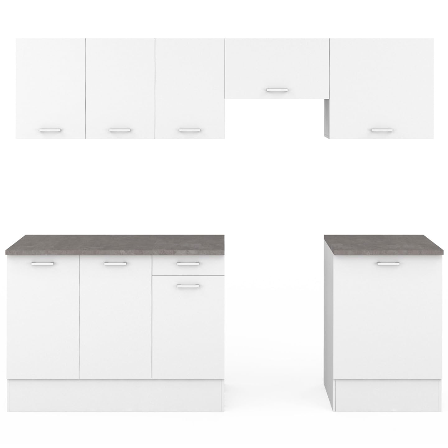 IDMarket - Cocina completa 240 cm sutil con encimera 7 elementos blanco y bandejas efecto hormigón