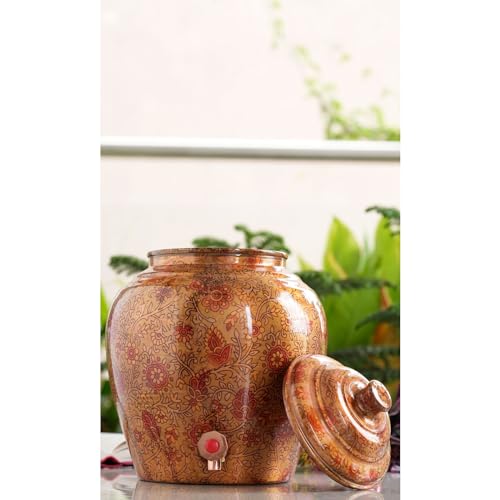Image of Indian Art Villa Printed Paisely Design Copper Water Dispenser Pot Matka, Storage, Home Kitchen Garden, 6 LTR