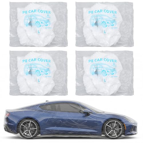 Sibba 4 Pack Disposable Car Cover Plastic Car Cover Universal Waterproof Clear Cars Covers with Elastic Bands Cars Covers for SUV Outdoor Snow/Rain Weather Protection 12.4 ft x 21.6 ft