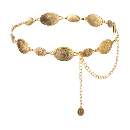 Cow Girl Belt Gold Western Belt Chain Belts Western Metal Concho Belts for Women Cowgirl Boho Waist Chain Country Concert Outfit for Dress Jeans Pants 49 inch