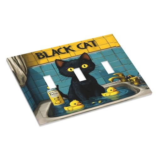 Decorative Light Switch Cover Plate Novelty Black Cat Funny Duck Bath 3 Gang Wall Plate Oversized Triple Toggle Switch Cover Plate Jumbo Faceplate for Bedroom Decor
